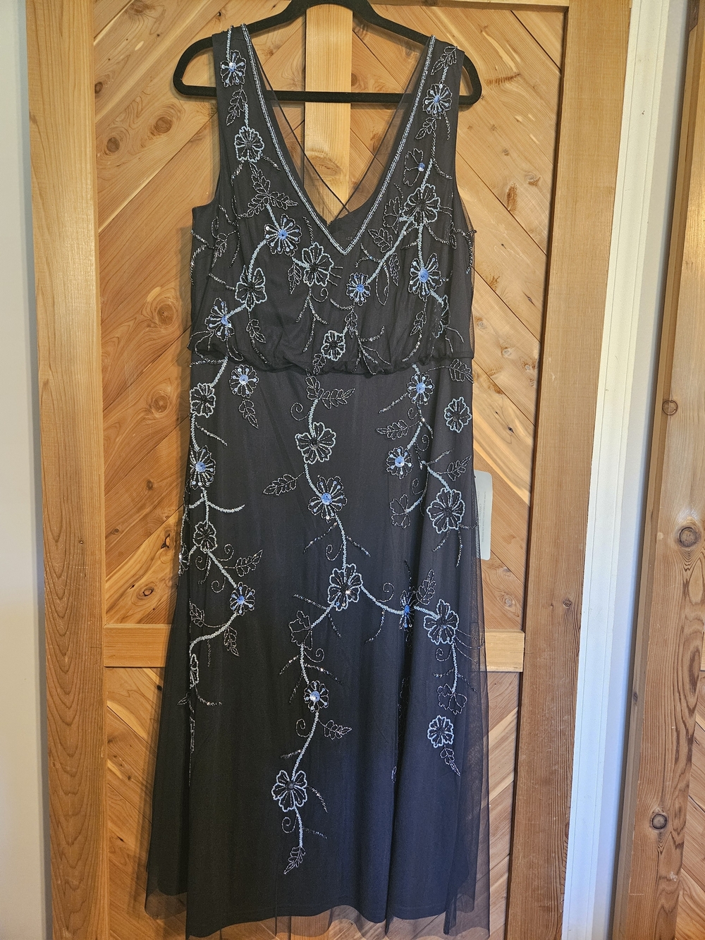 Adrianna Papell Navy Blue Midi Dress with Blue Floral Beading